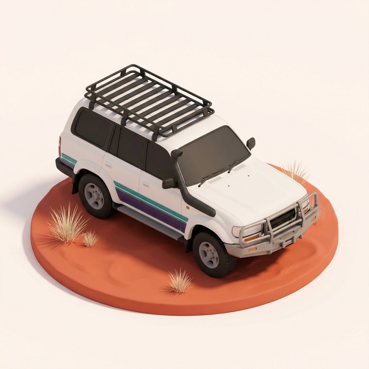 Isometric illustration of a fully equipped 4WD with roof rack, snorkel and bullbar on red desert sand