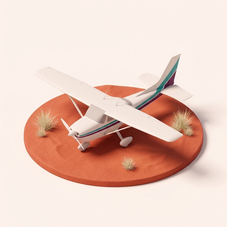 Isometric illustration of a single-engine light aircraft on a red desert airstrip